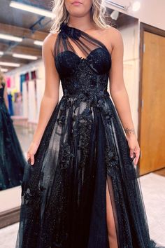 A Line One Shoulder Black Long Prom Dress with Appliques Black Tulle Prom Dress, One Shoulder Prom Dress, A Line Evening Dress, Lace Prom Dress, Black Prom Dress, Black Prom, فستان سهرة, A Line Prom Dresses, Tulle Prom Dress