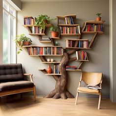 a living room with bookshelves and a tree shaped book shelf in the corner