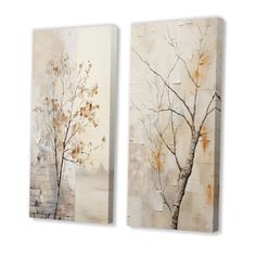 two canvases with trees on them in different sizes and colors, one is white and the other has brown leaves