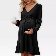 Celebrate your pregnancy in style with our Women's Maternity Dress, designed to provide comfort and elegance for expecting mothers. This stunning V-neck long sleeve dress features a flattering tie waist that beautifully accentuates your growing bump, allowing you to feel confident and chic during every stage of your pregnancy. Crafted from a soft and breathable blend of 95% polyester and 5% spandex, this midweight dress drapes effortlessly, creating a flowy silhouette that is perfect for any occ Fall Maternity Dress, Dress For Baby Shower, Maternity Dress Outfits, Fitted Maternity Dress, Shower Photography, Long Sleeve Maternity Dress, Maternity Long Dress, Baby Shower Photography, Maternity Black Dress