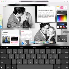 an image of a laptop screen with pictures on it and the keyboard is black and white