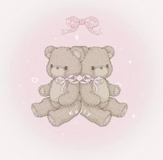 two brown teddy bears sitting next to each other on top of a pink background with hearts