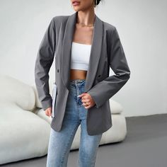 F00201855-203 Coat Women Fashion, Lapel Blazer, Saint John, Weave Style, Casual Blazer, Vintage Streetwear, Blazer Buttons, Colored Blazer, Gray Jacket