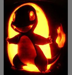 a carved pumpkin with an image of a pokemon character in the center and glowing eyes