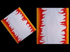 two pieces of paper with flames on them