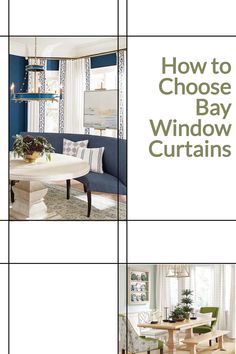 two images of bay windows with text overlay how to choose bay window curtains Perfect Fit Blinds Bay Window, Bay Window Treatments Living Room Blinds.com, Bay Window Design, Custom Curtain Rods, Bay Window Curtains, Buy Curtains, Linen Lights