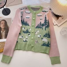 Country Sheep Cardigan (Pink/Green) Clothes Illustration, Mohair Knit, Retro Sweater, Look Short, Knitting Women Cardigan, Green Cardigan, Round Neck Tops, Textured Knit, Fall Winter Fashion