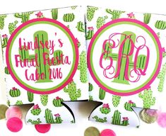 two greeting cards with cactus designs and pom - poms on the bottom, one is