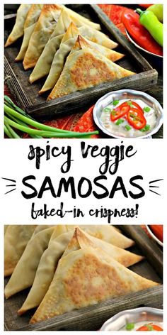 some very tasty looking samosas with sauce on them and the words spicy veggie samosa