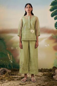 Shop for FEBo6 Green Silk Organza Placement Embroidered Tunic for Women Online at Aza Fashions Placement Embroidery, Tunics Online, Floral Trousers, Organza Top, Green Tunic, Top And Pants Set, Indian Fashion Designers, Top Pants Set, Embroidered Tunic