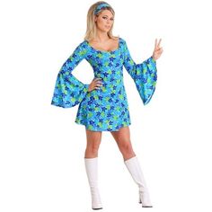 The Fun Costumes Wild Flower Hippie Disco Dress Women's Plus SizeIt's time to go back to the groovy 1960s and the discotheque 1970's with the Women's 70s Wild Flower Dress Costume! The funky flower print makes it a great costume choice for ladies who like bright colored outfits for Halloween. The dress features a scoop neckline, a short, flared hemline, and belled sleeves for a retro outfit that's as cute and  as you want it to be. An included headband completes the costume look and features the Moda Z Lat 70., 70s Party Outfit, 70s Disco Dress, 70s Mode, Easter Dress Toddler, 70s Fashion Dresses, 70 Outfits, Easter Dresses For Toddlers