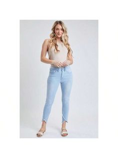 Our Women's Tulip Hem Ankle Jean is an incredible staple to add to your closet! Featuring a front zip and 1 button closure, high-rise, tulip shape frayed hem, belt loops, and five functional pockets. This garment moves with you throughout the day for a comfortable, flexible fit. Wear them out and about all spring and summer long.

Measurement (Based on size 8)
- Inseam: 27" 
- Rise (To top edge of band): 11" 
- Leg Opening: 12" 

Composition:
- 77% Cotton/ 20% Polyester/ 2% Viscose/ 1% Spandex High Waist Jeans With Zipper Closure For Spring, Medium Wash Pants With Zipper Closure For Spring, Spring Medium Wash Pants With Zipper Closure, Trendy Bottoms With Bottom Hem For Spring, Trendy Spring Bottoms With Detailed Hem, Fitted High Rise Bottoms With Side Zipper, Spring Denim Bottoms With Side Zipper, High Rise Pants With Zipper Closure For Spring, Trendy Pants With Side Zipper For Spring