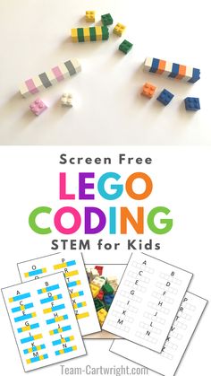 Text: Screen Free Lego Coding STEM for Kids. Top picture: Lego pattern coding. Bottom picture: Free printable coding worksheets. Montessori Lego Activities, Lego Learning Activities Kindergarten, Lego School Activities, Technology Activity For Preschool, Lego Writing Activities, Prek Engineering Activities, Lego Classroom Transformation, Lego Stem Activities For Kindergarten, Lego Coding Stem Activities