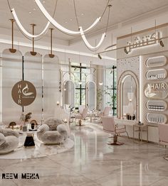 the interior of a hair salon with chairs, mirrors and chandeliers hanging from the ceiling