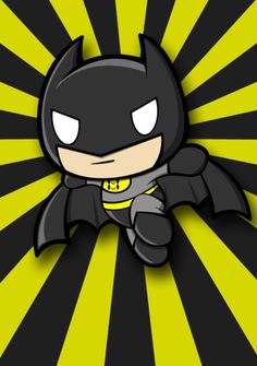 a cartoon batman flying through the air with yellow and black stripes around it's face