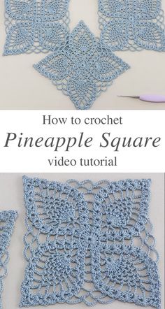 the crochet pineapple square pattern is shown in blue and has been made into a