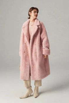 Fibflx Women's Long Double-breasted Pink Faux Fur Coat With Lapel Collar Pink Double-breasted Winter Outerwear, Pink Double-breasted Outerwear With Double Button Closure, Pink Fur Coat With Faux Fur Lining For Winter, Pink Faux Fur Lined Coat For Winter, Pink Long Fur Coat For Fall, Winter Pink Fluffy Fur Coat, Pink Fluffy Long Sleeve Fur Coat, Pink Double-breasted Outerwear For Fall, Chic Pink Fur Coat For Fall