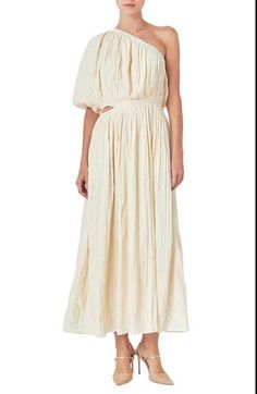 Allover pleats lend graceful movement to this light and lovely midi designed in a shoulder-baring silhouette with an airy waistline cutout. One-shoulder neck Single elbow-length sleeve Lined 100% polyester Hand wash, dry flat Imported Spring Off-shoulder Pleated Maxi Dress, Chic Off-shoulder Pleated Maxi Dress, Beige One-shoulder Maxi Dress For Summer, Off-shoulder Midi Dress With Pleated Bodice For Summer, Chic Pleated One Shoulder Spring Dress, Elegant Spring One Shoulder Dress With Cutout, Elegant One Shoulder Cutout Dress For Spring, Chic Pleated One Shoulder Dress For Spring, Elegant Spring One-shoulder Dress With Cutout