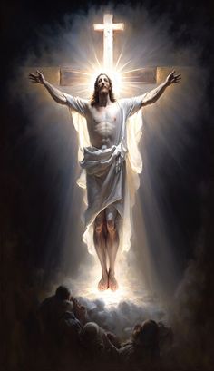 jesus on the cross with his arms spread wide open, surrounded by clouds and sunbeams