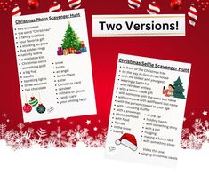 two versions of christmas selfie scavenger printables on red background with snowflakes