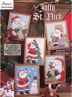 an advertisement for the cross stitch pattern book featuring santa and other christmas related items on display