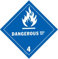 a blue and white sign that says dangerous with fire in the center, on top of it