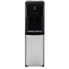 the water dispenser is silver and black