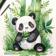 a watercolor painting of a panda bear eating bamboo in front of the bamboo trees