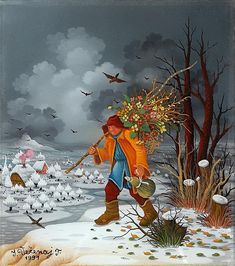 a painting of a man with a shovel and flowers in his hand, walking through the snow