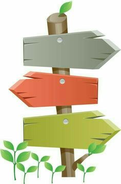 four wooden signs pointing in different directions with leaves growing on top and below the sign