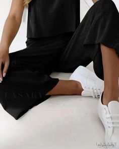 Lasaky - Casual tank top and wide leg pants set Casual Two-piece Pants For Vacation, Casual Non-stretch Sets For Vacation, Casual Sleeveless Loungewear Sets, Casual Two-piece Set Bottoms For Vacation, Casual Solid Wide-leg Pant Sets, Casual Solid Color Wide-leg Pants Set, Summer Two-piece Set With Wide-leg Pants, Casual Wide-leg Pants Set, Casual Spring Matching Pant Set