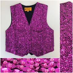 The Fuchsia Sequin Vest is handmade, and made before 2000. The front of the vest is covered with high quality sequins and the back is a 100% black polyester. Glamorous Sequined Vest For Spring, Winter Party Fitted Vest, Pink Party Vest For Spring, Glamorous Fitted Vest For Spring, Fitted Sequined Vest For Party, Fitted Sequin Party Vest, Fitted Sequin Vest For Parties, Sequined Fitted Vest For Spring, Fitted Sequin Vest For Spring