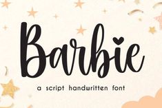 the word barbie is written in black ink on a white background with gold stars