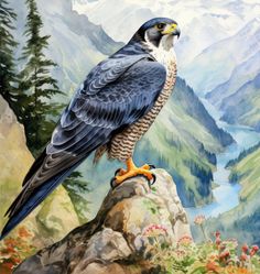 a painting of a bird sitting on top of a rock in front of some mountains