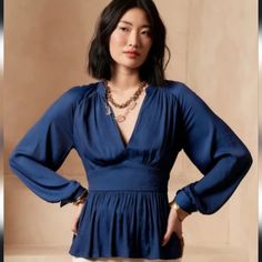 Banana Republic Blue Blouse With Empire Waist Blue Fitted Versatile Blouse, Versatile Fitted Blue Blouse, Fitted Blue Versatile Blouse, Chic Blue Tops For Brunch, Chic Blue Top For Brunch, Elegant Blue Blouse For Brunch, Elegant Blue Blouse For Day Out, Blue Velvet Top, Blue Peplum Top