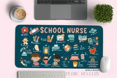 a mouse pad with school nurse icons on it next to a keyboard and coffee cup