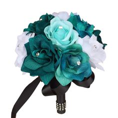 a bridal bouquet with green and white flowers on it's black satin ribbon