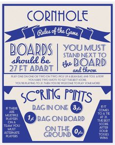 a poster with the words cornhole rules of the game and instructions for how to play cornhole