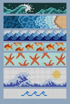 cross stitch pattern with different types of waves and fish on it's sides, including the