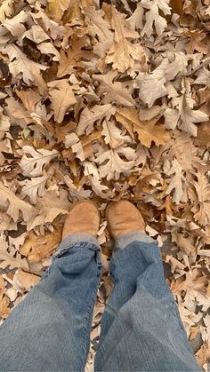 a person standing in leaves with their feet up on the ground looking down at them