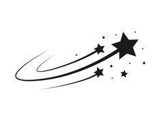 black and white shooting star icon with stars on the side, flying in the air