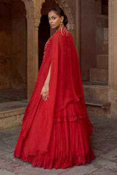 Red layered padded anarkali with embellishment on the neckline. Paired with a red hand embroidered organza cape. - Aza Fashions Leaf Cape, Organza Cape, Cape Women, Cape For Women, Embroidered Leaf, Cape Pattern, Embroidered Anarkali, Embroidered Leaves, Embroidered Organza