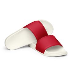 WOMEN'S RED SLIDES WITH WHITE SOLES ARE GREAT FOR THE POOL AND BEACH, OR EVEN AS CHRISTMAS SLIPPERS. Sizes are US women's. Please choose correctly. The size conversion chart is between the photos. A must-have for the summer: these red women's slides. A pair of these will keep you comfy throughout your day of beach or pool activities, thanks to the cushioned upper strap and the textured footbed.  * Cushioned and durable faux leather upper strap * Lightweight polyurethane (PU) outsole * Contoured, Red Flat Sandals With Rubber Sole, Casual Red Sandals With Rubber Sole, White Cushioned Slip-ons For The Beach, Summer White Sole Slip-on Slides, Comfortable Red Sandals With Round Toe, Red Cushioned Slippers For Summer, Comfortable Red Open Toe Slippers, Comfortable Red Slippers For Summer, Red Synthetic Slippers