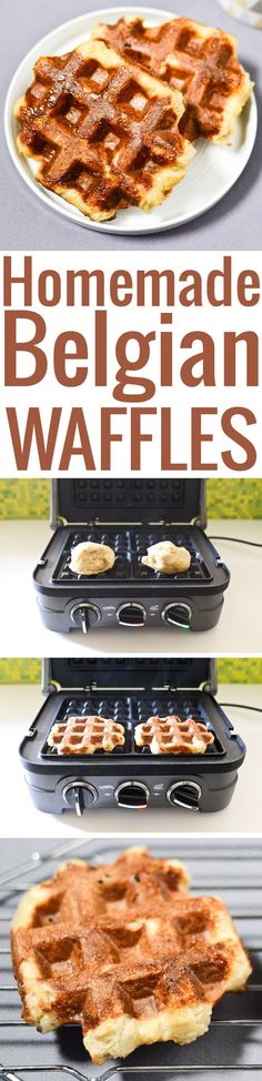 homemade belgium waffles are being cooked on an outdoor grill with text overlay that reads homemade belgium waffles