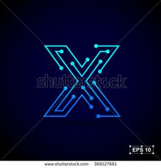 the letter x is made up of lines and dots on a dark background with blue light