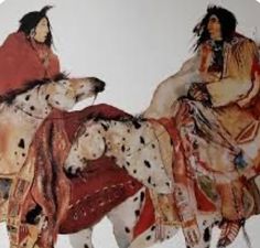 two native american men riding horses with dalmatian dogs on their backs, painted in watercolor