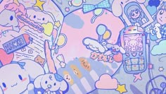 an image of some cartoon characters on a cell phone wallpapered in pastel colors