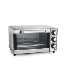 a toaster oven with the door open on a white background and black knobs