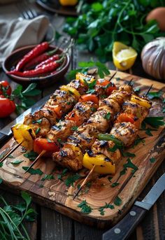 chicken kabobs with peppers and onions on a wooden cutting board next to other vegetables