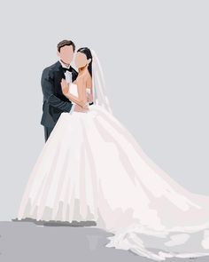 a painting of a bride and groom standing next to each other in front of a gray background